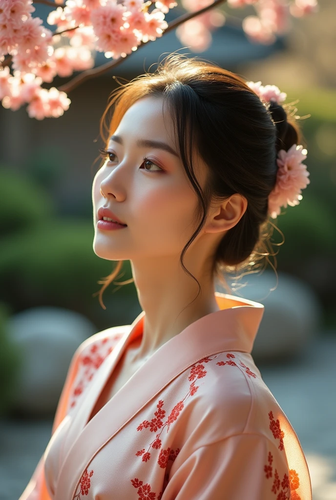 An elegantly dressed Japanese woman in natural light、A close-up of her chest and calm expression.、It shows her inner peace and outer charm.。