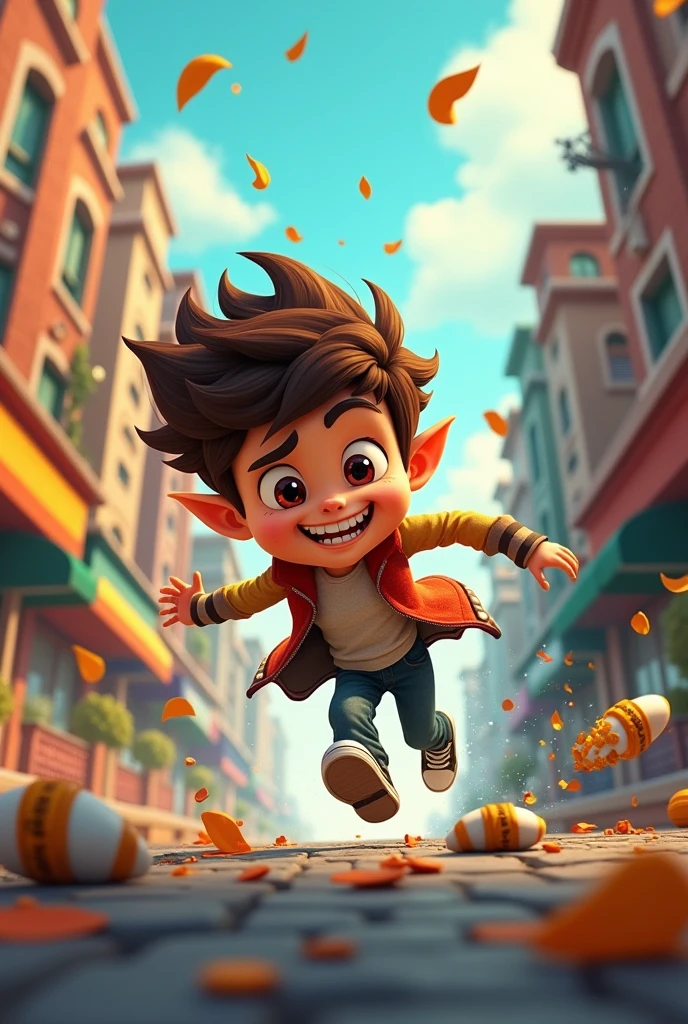A naughty boy named Lucas, With a malicious expression, creating confusion in the city. He is using his super speed powers to cause chaos, with elements of disorder around it, such as falling objects and danger signs. The scene should convey a sense of mischief and destruction; the illustration must be and cannot be realistic.

