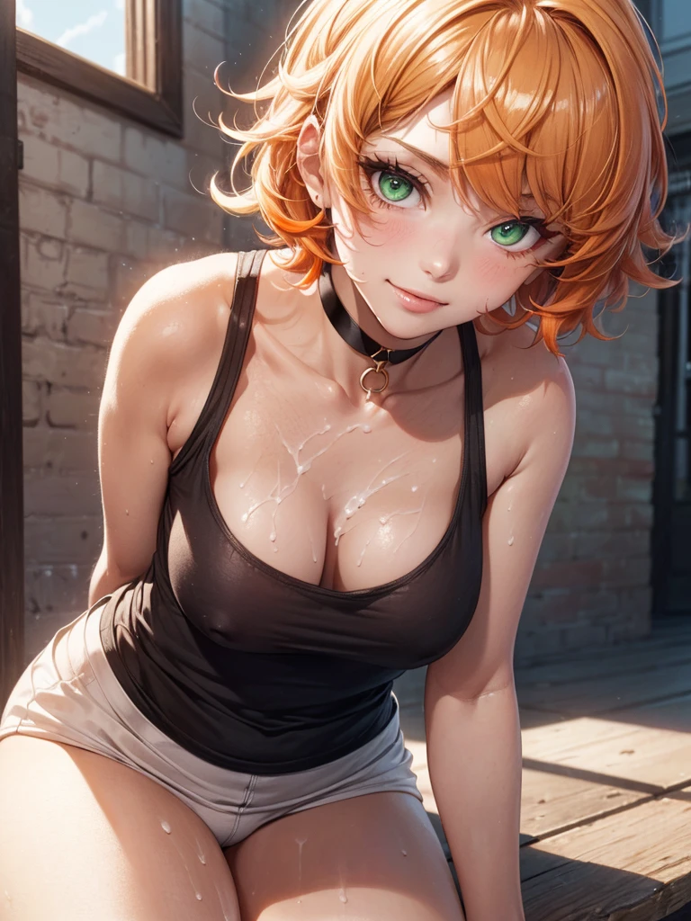 (Traditional Media:1.2), (2D:1.2), Illustration, (((Masterpiece))), (((16 year old girl))), (((shirt lift))), (nipslip:1.3), (orange hair:1.3), (short hair:1.3), (messy and wild hair:1.3), highres, absurdres, blurred background, no bra, photorealistic, lifelike, steamy, blushing, sleeveless, youthful appearance, (seductive smile:1.2), (lip gloss:1.3), (glossy eyeshadow:1.2), (t-shirt:1.3), (looking at viewer), ((bare skin)), (shiny skin:1.3) ((small chest)), (white bandana:1.2) (semen:1.3) correct anatomy, perfect face, detailed green eyes, (choker:1.3), thighs, mascara, fair skin, beautiful