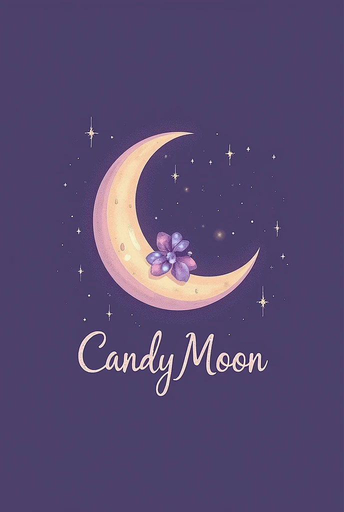 Make me a logo of a moon with stars with a purple tone, a simple and soft drawing , and below the logo name is CandyMoon in cursive and soft texture, the background a little dark 
