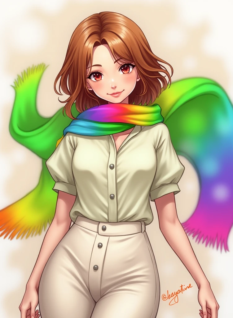 a beautiful woman with light brown hair, reddish eyes, light green blouse, rainbow scarf, big breasts, detailed facial features, elegant pose, serene expression, photorealistic, 8k, high quality, intricate details, vivid colors, warm lighting, realistic skin texture , (Best Quality, 4k, 8k, High resolution, masterpiece: 1.2), HdR, UHD, studio lighting, Ultrafine paint, sharp focus, physically based Representation, extreme detailed description, professional, vivid colors, bokeh, portrait