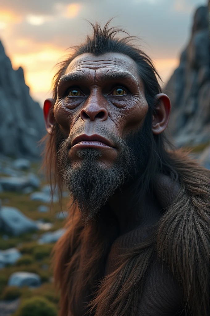 Make a realistic image of a Denisovan with half of his face with his characteristic features and the other half with his bone structure.