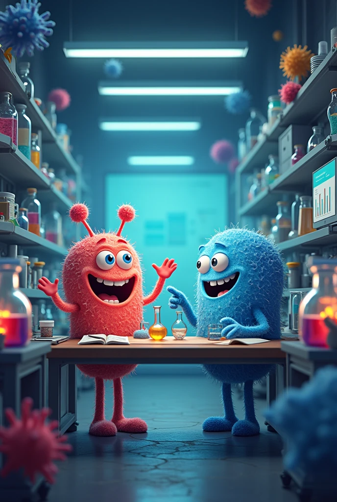 Table 1:
Description: A laboratory background, with a table full of test tubes and microscopes. Spotlight, a T cell and a B cell are talking. (cheered up)

T cell (with an athletic and determined design style)

B cell (with a friendly and reliable design style)