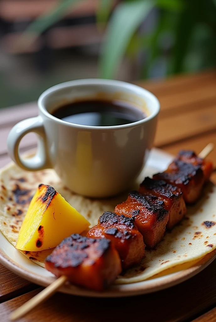A cup of black coffee with a pork skewer, with a small tortilla and a small triangle of grilled pineapple
