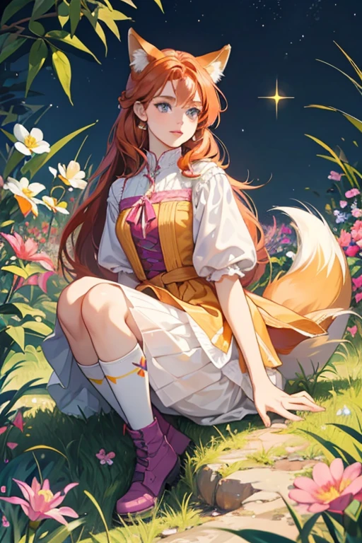 Felicity has light orange skin with makeup on her face to look like a fox. She has blue eyes, salmon lips, and has a black nose. Her red hair is loose around her fox ears down to her hips, She has a furry fox tail.
She wears a molded-on purple bodice with a furry texture and a patch of white fur in the middle with flowers on it. She has a white skirt with a pink band and has a orange, purple, pink, yellow, and blue flowers pattern.
Felicity wears yellow hiking boots with yellow socks SPARKLE; GLITTER