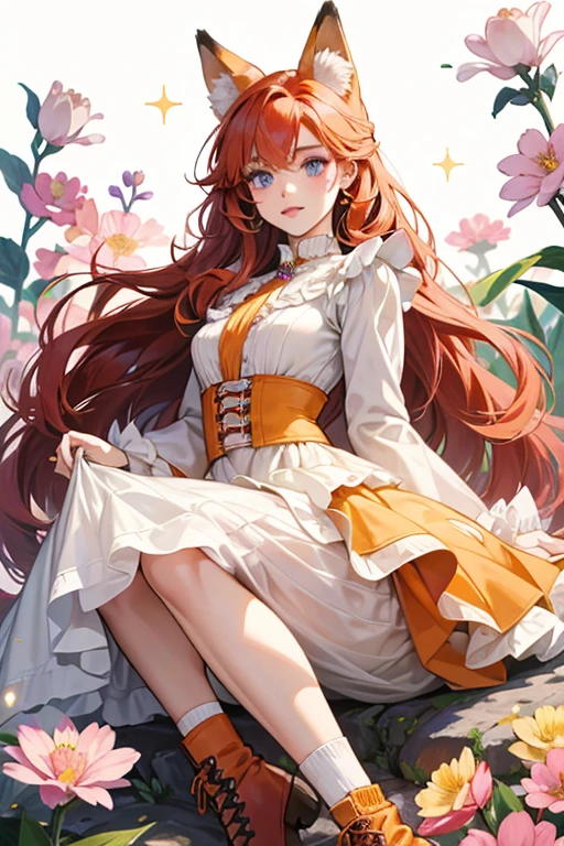 Felicity has light orange skin with makeup on her face to look like a fox. She has blue eyes, salmon lips, and has a black nose. Her red hair is loose around her fox ears down to her hips, She has a furry fox tail.
She wears a molded-on purple bodice with a furry texture and a patch of white fur in the middle with flowers on it. She has a white skirt with a pink band and has a orange, purple, pink, yellow, and blue flowers pattern.
Felicity wears yellow hiking boots with yellow socks SPARKLE; GLITTER
