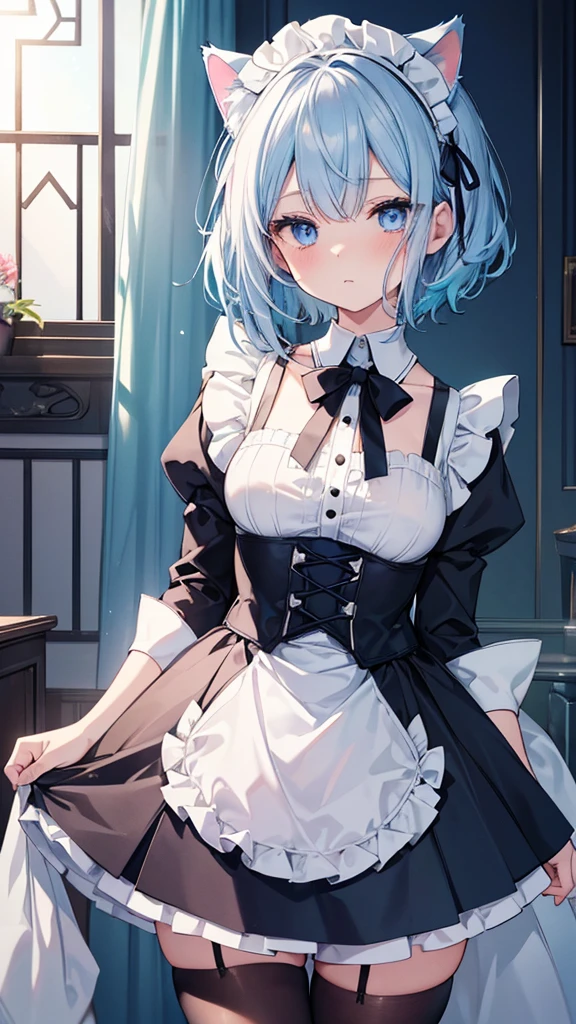 (The highest quality,Very detailed,High resolution,maid),black tights,Light blue hair,short hair,cute,blue eyes,maid服を着ています,Cat ears grow,Her highlights are a bright white.,Her eyes are white and shining,Looking at me with a shy look on his face