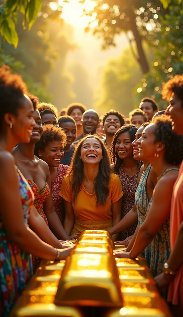 people giving thanks in front of symbols of wealth, gold bars
