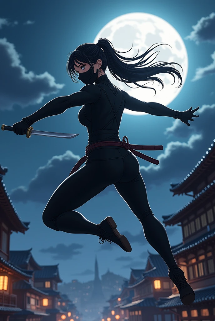 ((anime)) adult woman, ((black ninja costume)), throw shuriken, short ninja blade on the back, jumping on a roof, attached hair, big breast