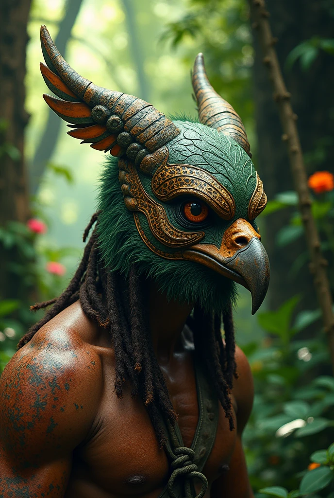 A jungle hunter mask with an eagle design, with a scar on his eye 