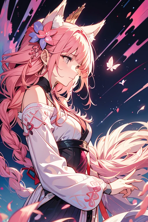 An adult woman with long pink hair with fox ears. Wears an long elegant pink dress. She must be wearing purple leggings.