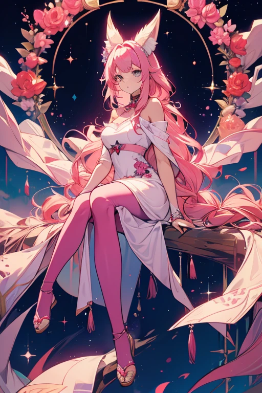 An adult woman with long pink hair with fox ears. Wears an long elegant pink dress. She must be wearing purple leggings.