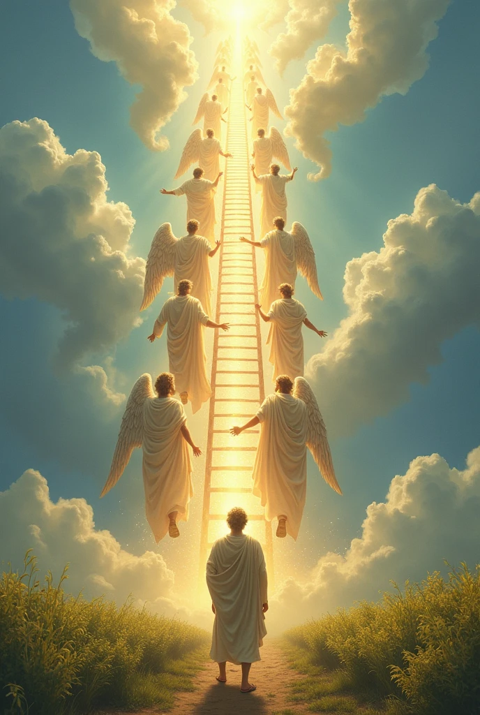 Imagine a ladder that goes from earth to heaven and that next to it there are many angels and below a man in ancient clothes from biblical times