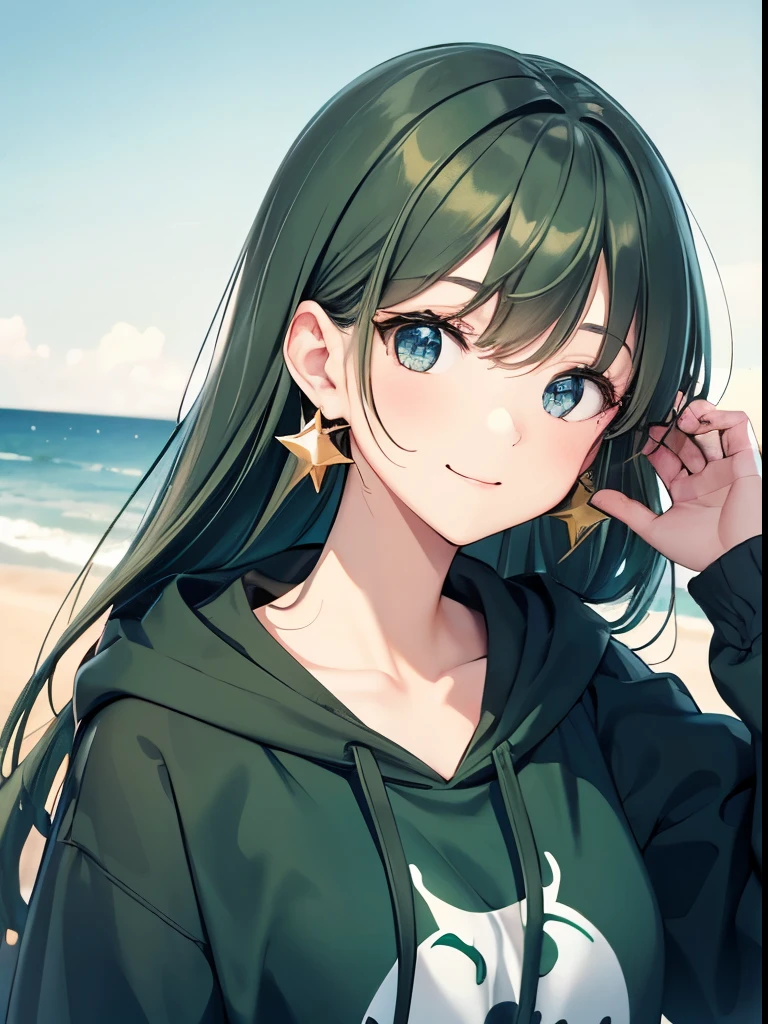 (hands on head) (par on hands) ((voluminous dark green hair)), dark dark green hair color emphasis, front view, upper body visible, dark dark dark green hair color emphasis, long straight hair, large (droopy) eyes, blue eyes, kind young pretty face, kind droopy eyes, wearing vermilion hoodie, star pattern on hoodie, sign in background, go and 5 sign, shy, smiling without opening mouth, big golden star earrings, golden hair clip, sparkling eyes, walking on beach, face focused, fresh smile, green floral hoodie, (in dark room), high quality, golden number 5 Earrings, droopy eyes, blue eyes, face close-up small breasts, hands, background without shadow, high quality, Focus on face.