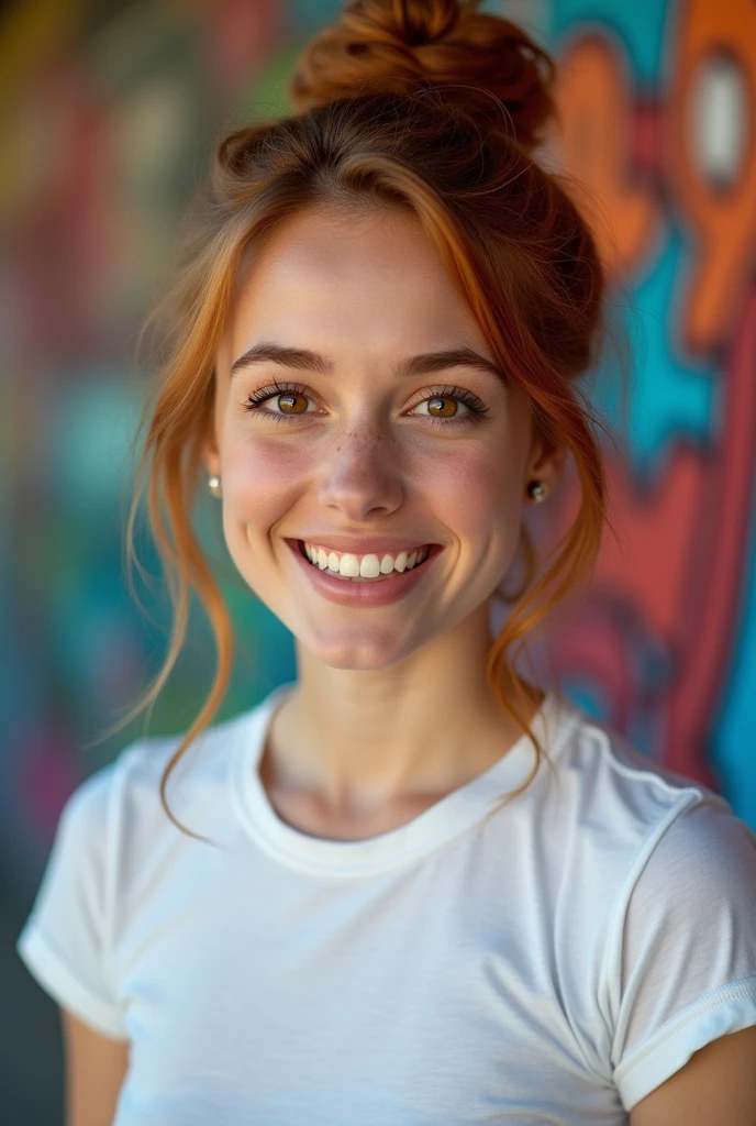 graffiti portrait. looking at the camera. woman. young adult. small face. big eyes. brown eyes. small nose. full lips. bun. auburn hair. smile. white t-shirt.vintage. bob. 