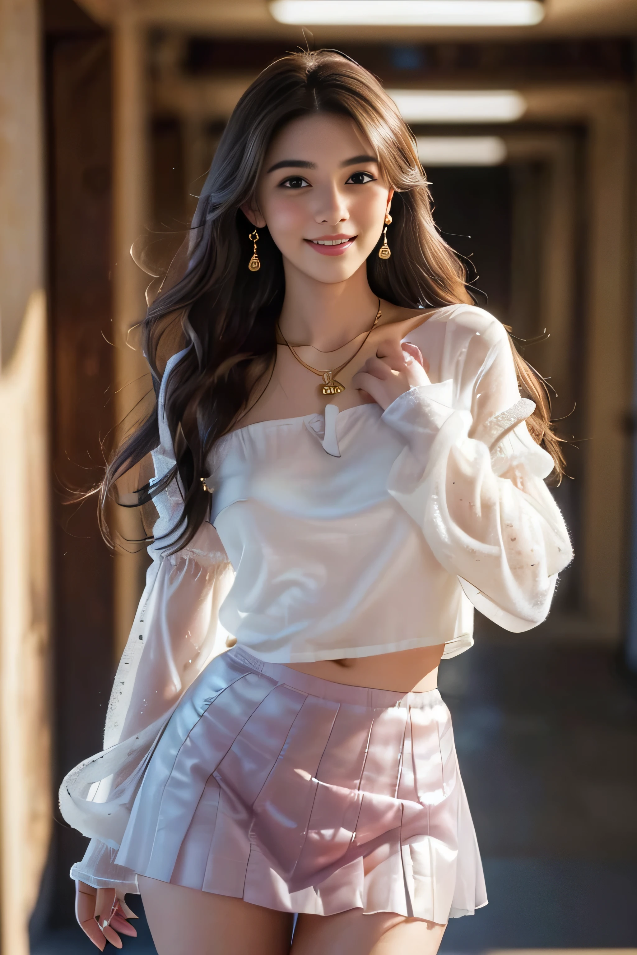 ((Beautiful girl:1.3)) )((Blushing:1.4)) Highest quality,masterpiece,Ultra-high resolution,(Realistic:1.4),RAW Photos,(Real skin texture:1.3),(Film Grain:1.3),Panorama,Portraits,Very wide shot,Tight waist,Cowboy Shot,(In the Dark, Deep Shadow, Modest, Cold Light,) night,(()),Tears flow,,Dust,Tyndall effect,(Performance),One person,Beautiful and detailed eyes and face,White Jabot,Brown eyes,((Brown Hair:1.2)) ((whole body:1.3)) ((smile:1.3))((Super long brown hair:1.2)),((Hair with loose waves inside:1.2)),((gold necklace_Large earrings:1.2)),((shy smile:1.3)),((mideum breasts:1.3)),((Strongly blurred beautiful office corridor background:1.1)、 ((Wearing white crisp shirt_long see-through sleeves、blue flared mini skirt:1.3)),((Beautiful girl:1.3)) )((Blushing:1.4)) Highest quality,masterpiece,Ultra-high resolution,(Realistic:1.4),RAW Photos,(Real skin texture:1.3),(Film Grain:1.3),Panorama,Portraits,Very wide shot,Tight waist,Cowboy Shot,(In the Dark, Deep Shadow, Modest, Cold Light,) night,(()),Tears flow,,Dust,Tyndall effect,(Performance),One person,Beautiful and detailed eyes and face,White Jabot,Brown eyes,((Brown Hair:1.2)) ((whole body:1.3)) ((smile:1.3))((Super long brown hair:1.2)),((Hair with loose waves inside:1.2)),((gold necklace_Large earrings:1.2)),((shy smile:1.3)),((mideum breasts:1.3)),((Strongly blurred beautiful office corridor background:1.1)、 ((Wearing white crisp shirt_long see-through sleeves、blue flared mini skirt:1.3)),((Hair that flutters in the wind:1.3)))((He runs up to me:1.5)),((holding a document under one's arm:1.5))