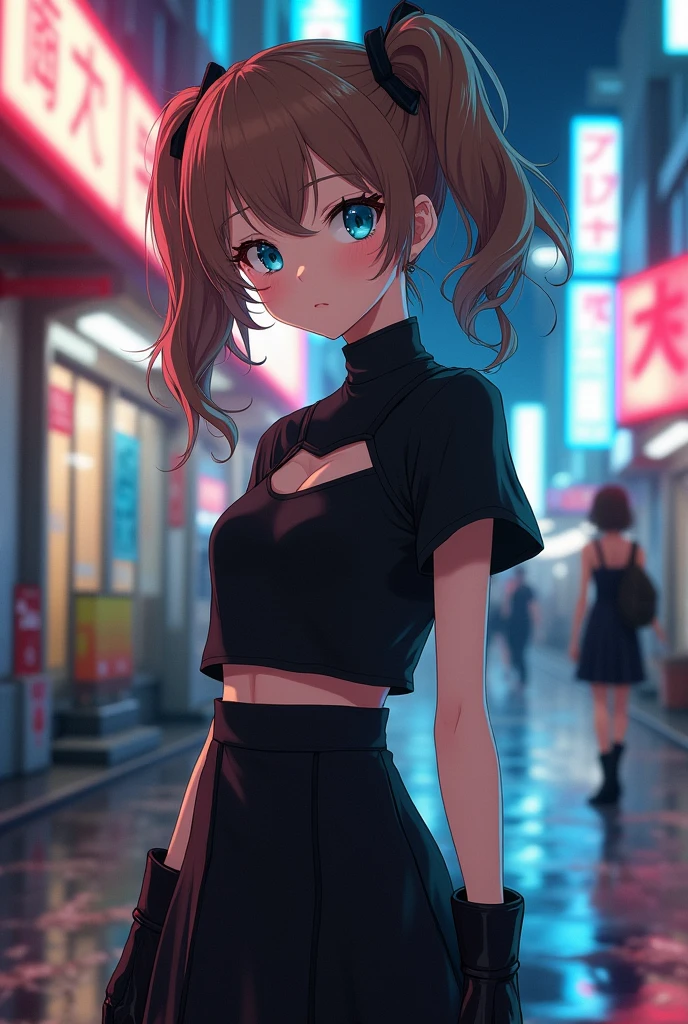 NAOki is a girl with light brown hair, with two pigtails that fell to her shoulders. His eyes are dark blue, Chinese and his voice is delicate, but not as sharp and attractive as expected from a girl her age. She wears a black top with short sleeves and the upper chest, that leaves part of her shoulders exposed . The skirt she is wearing is black with black lycra at the waist., that gives more shape to your Figure.
The top of her shirt is quite baggy, but the bottom is tight so that her waist can be seen. She is wearing black high heel boots that reach her ankles.. Despite being "horny" According to some, Her body is quite attractive