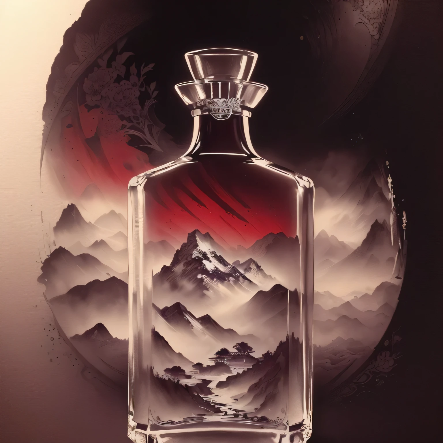 There was a bottle of perfume,Mountain view in the background, intricate Ink Painting, Ink Artwork, Detailed Ink Illustration, author:Clement Sevo, Ink Art, highly Detailed Ink Illustration, monochrome airbrush painting, Ink Painting, Extremely detailed painting, Exquisite ink illustrations, Ink illustration, author:Justin Gerard, author:Miles Johnston, Super Fine