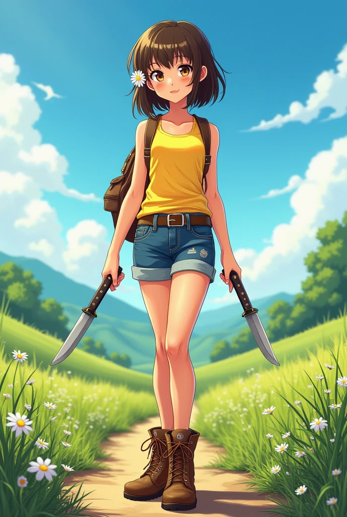 Ukrainian anime style girl yellow tank top denim shorts single flower in hair country boots pair of survival knives