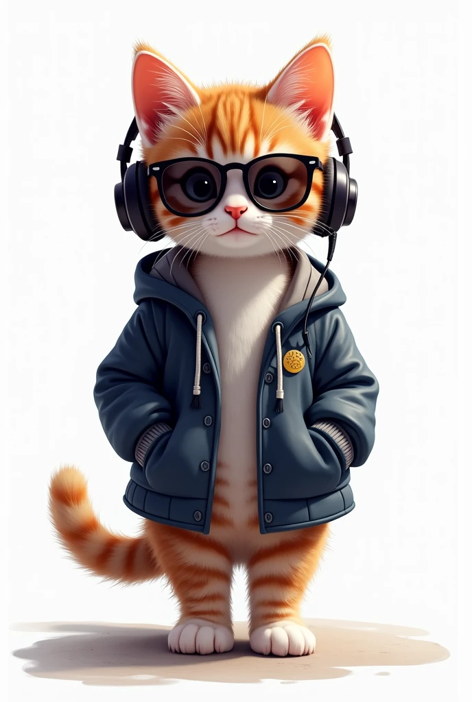 Perfect centering, Cute kitten, Wear a school jacket, Wear sunglasses, Wear headphones, Standing position, Abstract Beauty, Centered, Looking into the camera, To the camera, Near perfect, dynamic, moonlight, Very detailed, Digital Painting, artステーション, コンセプトart, Smooth, Sharp focus, 8k, High resolution, shape, art:Khan Griffith and Vadim Kashin, White Background