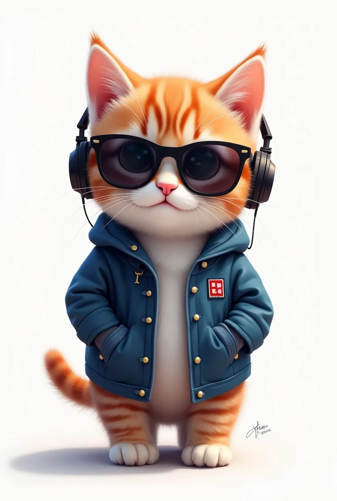 Perfect centering, Cute kitten, Wear a school jacket, Wear sunglasses, Wear headphones, Standing position, Abstract Beauty, Centered, Looking into the camera, To the camera, Near perfect, dynamic, moonlight, Very detailed, Digital Painting, artステーション, コンセプトart, Smooth, Sharp focus, 8k, High resolution, shape, art：Khan Griffith and Vadim Kashin, White Background