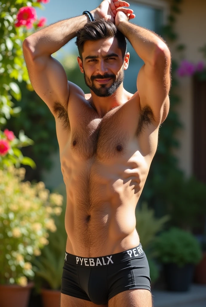Handsome Shirtless Turkish men Nude, age 23, smile, hairy body, 14 inches biceps, Hands Up, show Hairy armpits, Abs, underwear, big bugle