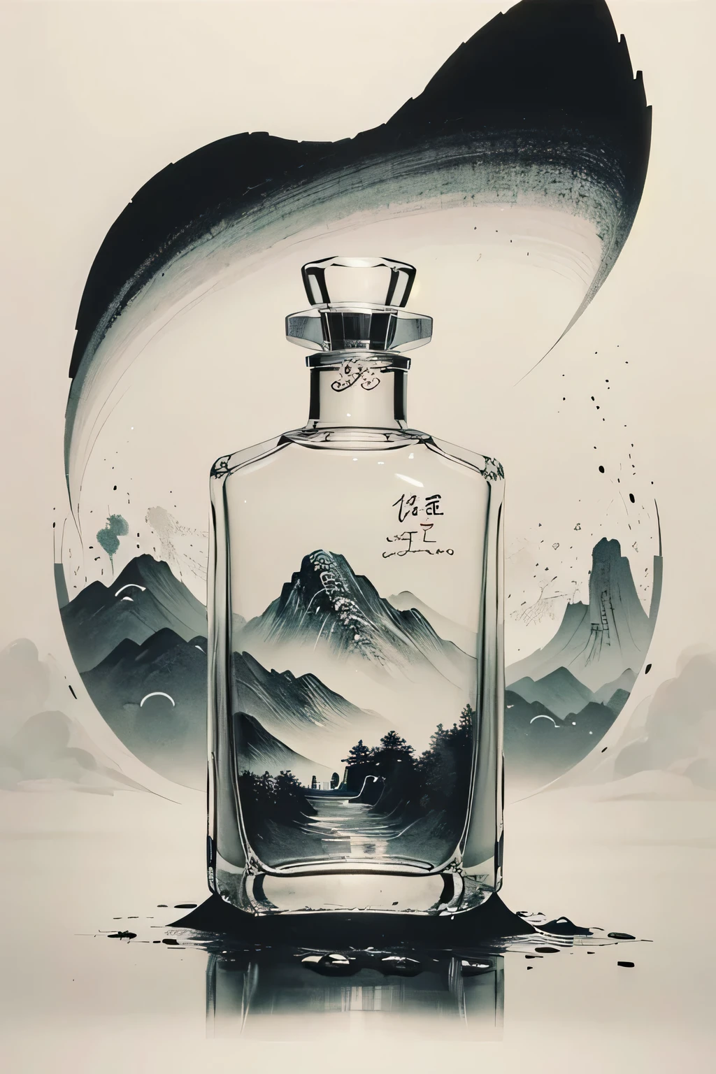 A product photo of a wine decanter,square wine bottle,Glass material, with ink and wash landscape patterns on the surface,Chinese painting,Perfume bottle,artistic silhouette,High-end elegance,Chinese Culture,Chinese style,high quality,surreal style