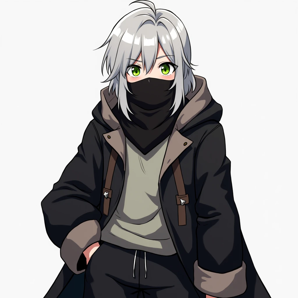 half body photo, serious face, Athletic, 31 year old Halfling, green colored eyes, medium long white hair, black scarf covering mouth, black coat with gray with brown hood , medieval clothing, black sweatpants, hand in pocket, Anime Village saga, 4K, epic, Village saga.