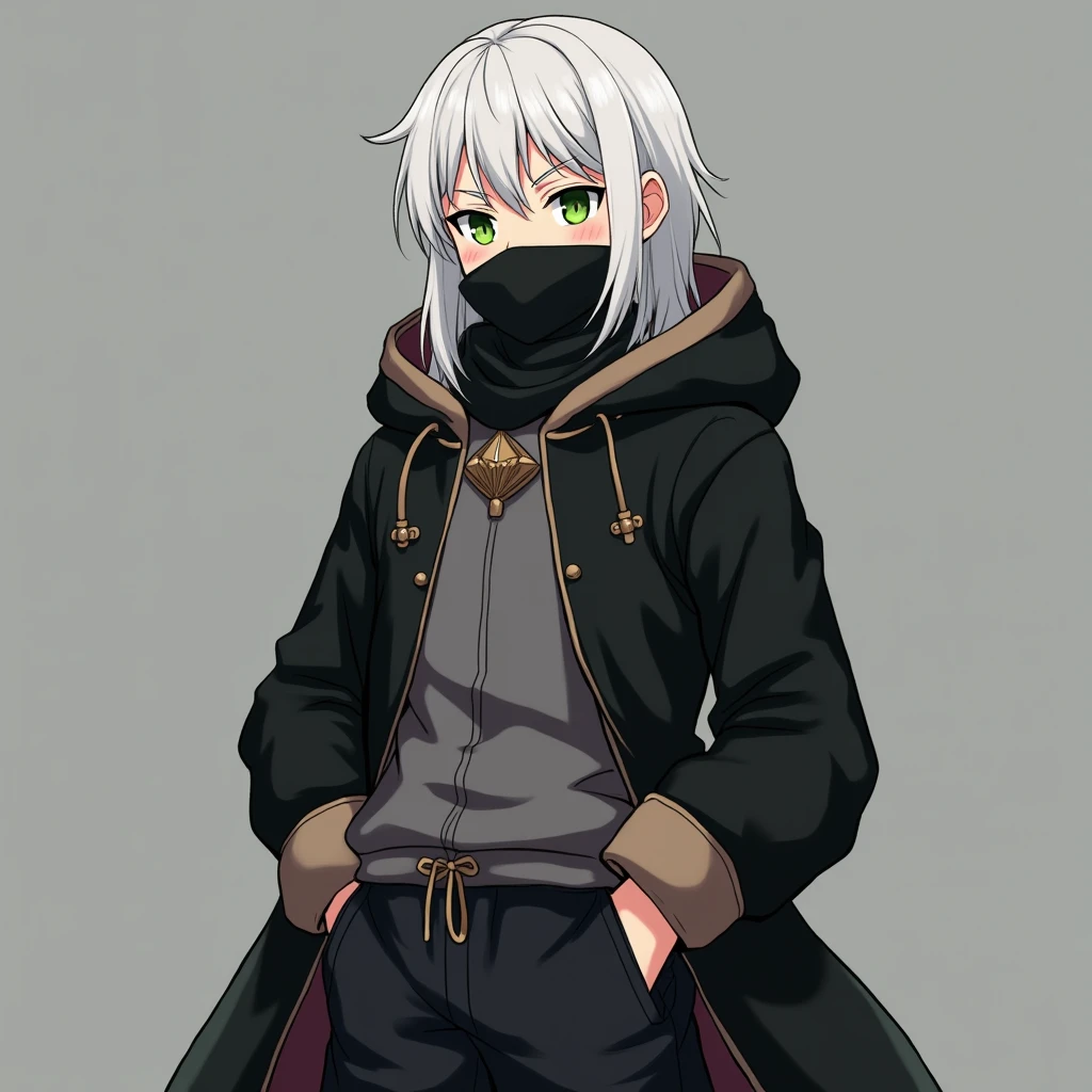 half body photo, serious face, Athletic, 31 year old Halfling, green colored eyes, medium long white hair, black scarf covering mouth, black coat with gray with brown hood , medieval clothing, black sweatpants, hand in pocket, Anime Village saga, 4K, epic, Village saga.