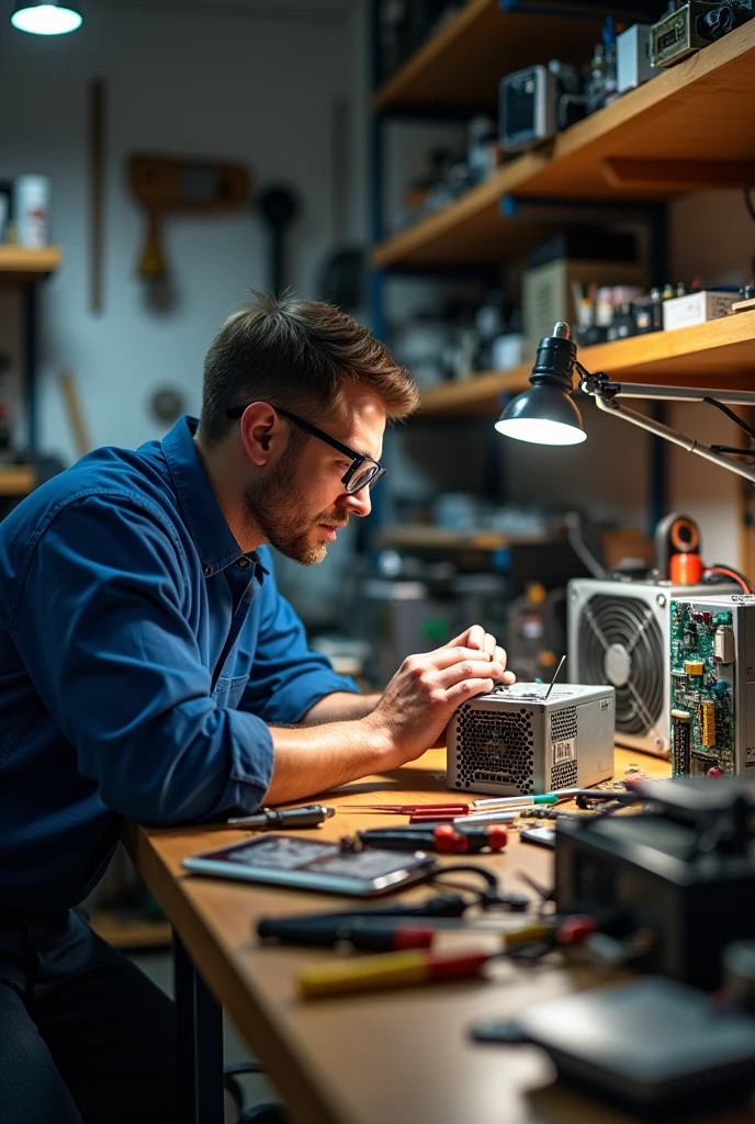 (photorealism:1.2), Create an image of a technician repairing a computer power supply in his workshop