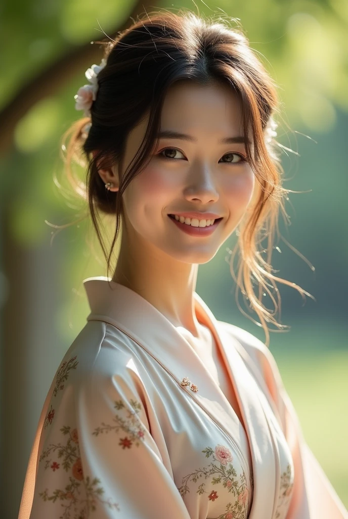 A Japanese woman dressed elegantly in natural light, smiling and showing her front teeth、A close-up of her chest and calm expression.、It shows her inner peace and outer charm.。