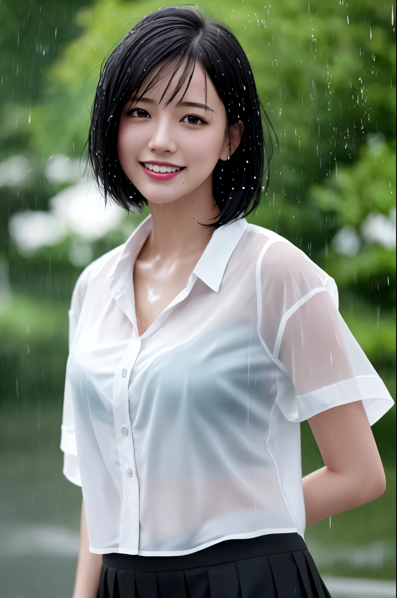 best quality, photorealistic, 8k, high res, 1girl, woman, (skindentation), (professional lighting), (portrait:0.6), (soaked White blouse, soaked Dark Skirt, ), gorgeous, (soaked short black hair:1), ((looking at viewer:1.5)), photorealistic, (bokeh), (dynamic pose:1.2), intense lighting to face area, lips, (teeth:1.3), smile, Dark Clouds, heavy rain, realistic rain effect