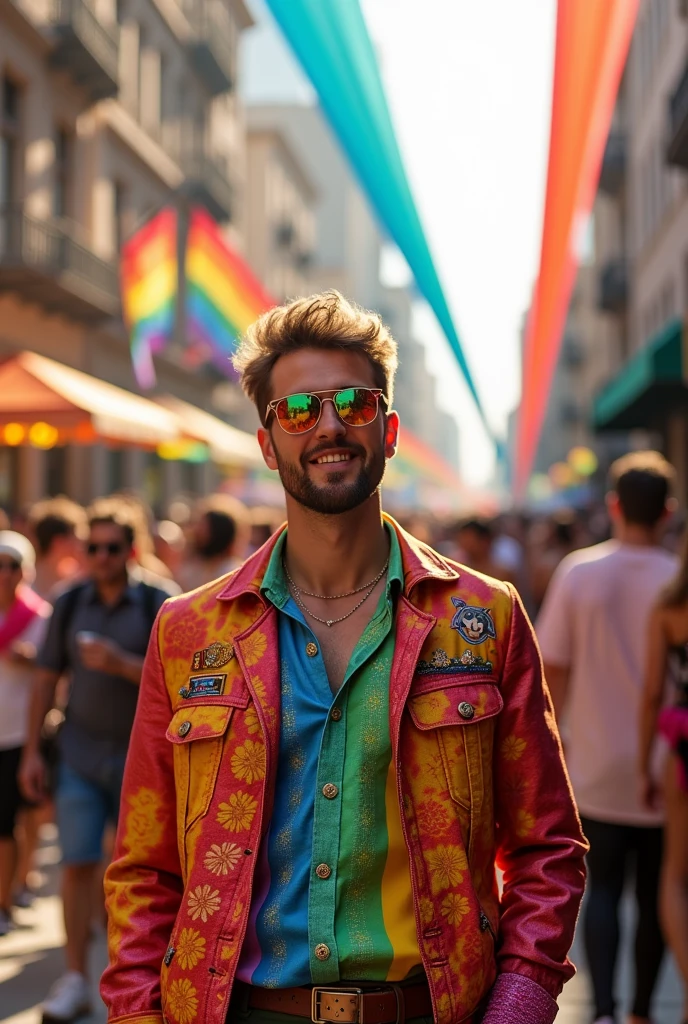 A gay man dressed in colorful clothes emitting laser beams from his eyes