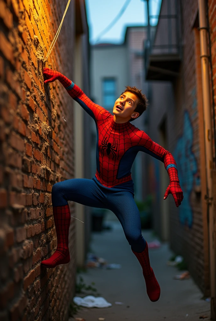 18 year old boy in spiderman suit glued