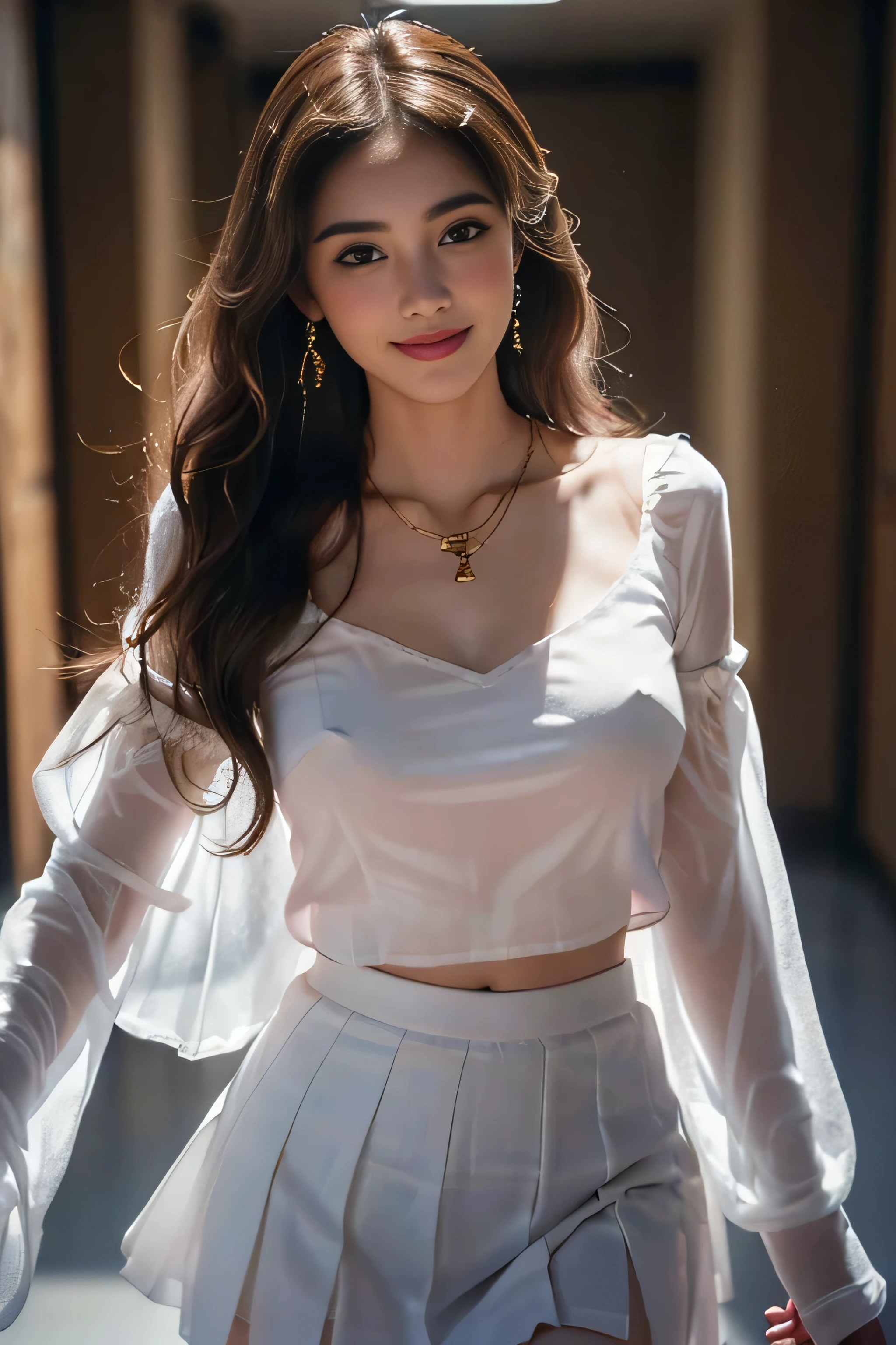 ((Beautiful girl:1.3)) )((Blushing:1.4)) Highest quality,masterpiece,Ultra-high resolution,(Realistic:1.4),RAW Photos,(Real skin texture:1.3),(Film Grain:1.3),Panorama,Portraits,Very wide shot,Tight waist,Cowboy Shot,(In the Dark, Deep Shadow, Modest, Cold Light,) night,(()),Tears flow,,Dust,Tyndall effect,(Performance),One person,Beautiful and detailed eyes and face,White Jabot,Brown eyes,((Brown Hair:1.2)) ((whole body:1.3)) ((smile:1.3))((Super long brown hair:1.2)),((Hair with loose waves inside:1.2)),((gold necklace_Large earrings:1.2)),((shy smile:1.3)),((mideum breasts:1.3)),((Strongly blurred beautiful office corridor background:1.1)、 ((Wearing white crisp shirt_long see-through sleeves、blue flared mini skirt:1.3)),((Beautiful girl:1.3)) )((Blushing:1.4)) Highest quality,masterpiece,Ultra-high resolution,(Realistic:1.4),RAW Photos,(Real skin texture:1.3),(Film Grain:1.3),Panorama,Portraits,Very wide shot,Tight waist,Cowboy Shot,(In the Dark, Deep Shadow, Modest, Cold Light,) night,(()),Tears flow,,Dust,Tyndall effect,(Performance),One person,Beautiful and detailed eyes and face,White Jabot,Brown eyes,((Brown Hair:1.2)) ((whole body:1.3)) ((smile:1.3))((Super long brown hair:1.2)),((Hair with loose waves inside:1.2)),((gold necklace_Large earrings:1.2)),((shy smile:1.3)),((mideum breasts:1.3)),((Strongly blurred beautiful office corridor background:1.1)、 ((Wearing white crisp shirt_long see-through sleeves、blue flared mini skirt:1.3)),((Hair that flutters in the wind:1.3)))((He runs up to me:1.5)),((holding a document under one's arm:1.5))