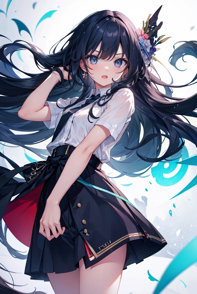 One person, solo, Long Hair, Open your mouth, tilt one's head、Red eyes, look up, Gray Hair, Silver Hair, White dress、Simple dress、High resolution, accurate, Highest quality, Simple Background, Overhead「?」、クエスチョンmark、?mark、Overhead記号、Fisheye Shot, Overlooking, Overlooking, Overlooking,