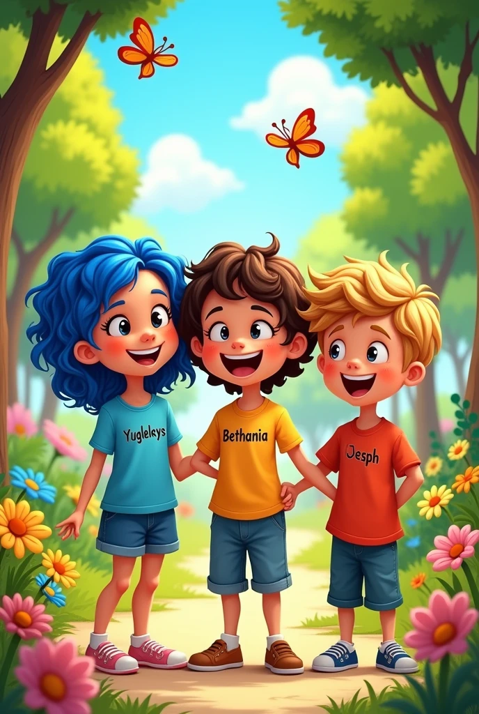 A girl, two girls and a boy in a park in a cartoon and the girl's shirt says... Yugleikys the girl's shirt says. Bethania the other girl's shirt says... Karianna the boy's shirt says... Joseph