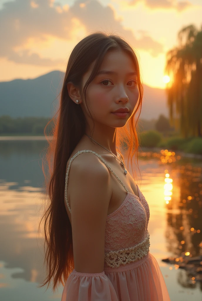 1 girl, serene expression, mesmerizing eyes, straight long hair, flowing dress, poised posture, porcelain skin, subtle blush, crystal pendant
BREAK
golden hour, (rim lighting):1.2, warm tones, sun flare, soft shadows, vibrant colors, painterly effect, dreamy atmosphere
BREAK
scenic lake, distant mountains, willow tree, calm water, reflection, sunlit clouds, peaceful ambiance, idyllic sunset, ultra detailed, official art, unity 8k wallpaper
, zentangle, mandala