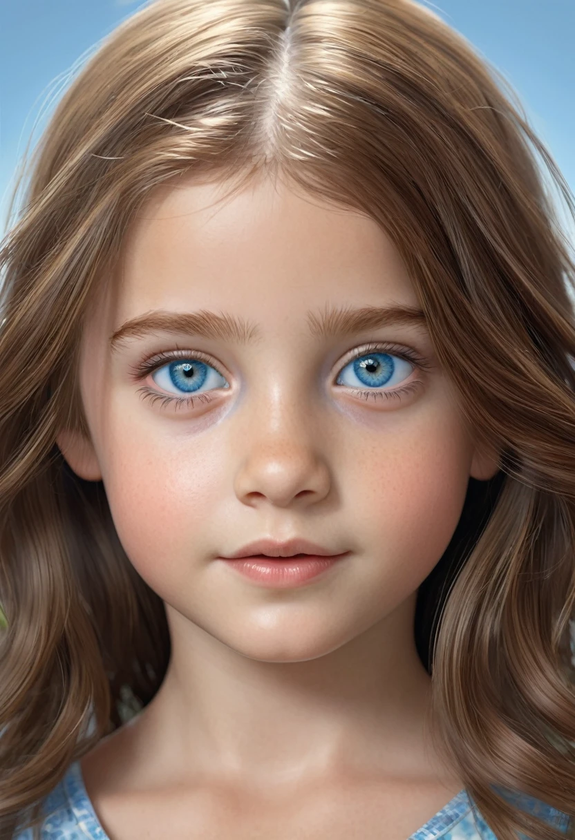Create an ultra-realistic representation of a brown-haired, blue-eyed girl, child, full body