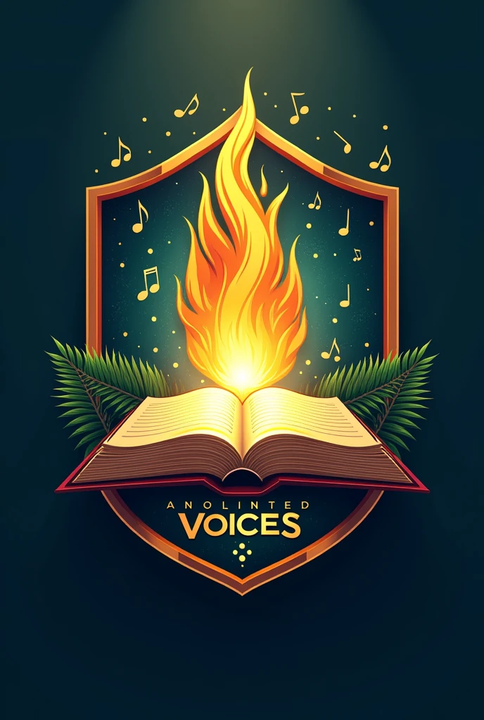 Format and Structure: A shield divided into three parts. At the center, a circle or stripe highlighting the group name.

colors: Use colors that symbolize spirituality and enthusiasm, como azul (faith), doradas (glory), AND verde (renewal).

Symbols:

At the center: A dove or a flame representing the Holy Spirit.
High above: A track with the name "Anointed Voices".
down: An open Bible, symbolizing the spiritual basis of the group.
Lateral: Microphones or musical notes, representing the group&#39;s calling for praise and worship.
styled: Maintain a modern and dynamic style, reflecting the energy and enthusiasm of young people.