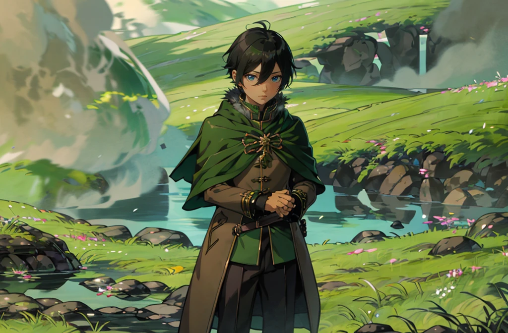 yuichiro hyakuya, (WithoutFear:1), 1 boy, black hair, green eyes, brown coat, gray armor, green shield, green cloak, dark brown gloves, town, white fur trim, tall, anime, standing, good quality, portrait, looking at viewer