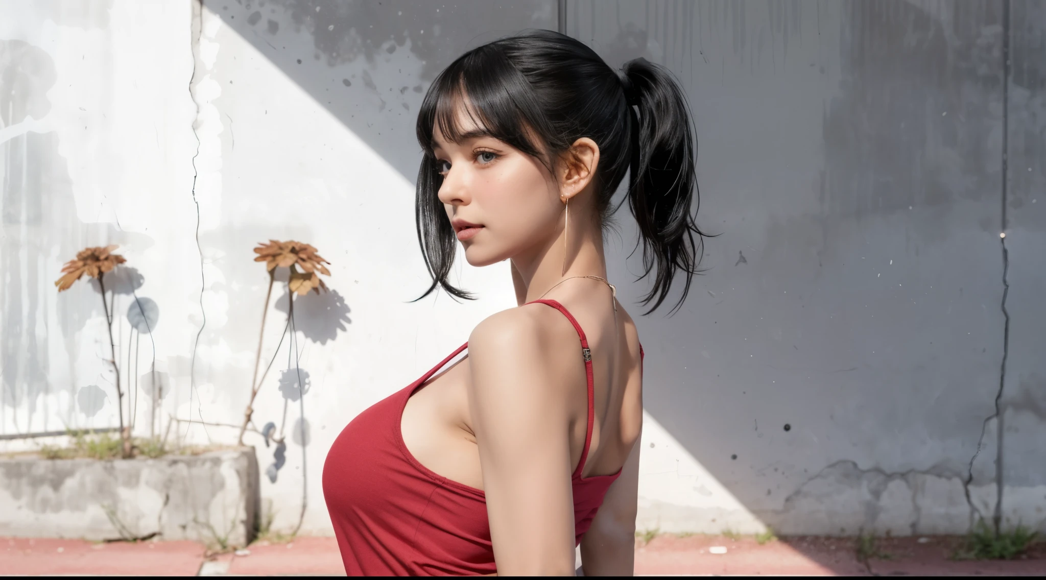 1girl, standing, from side, both hands behind her back, hands clasped together or resting naturally, head tilt, black hair, ponytail, flat bangs, detailed face, (looking at viewer:1.4), parted lips, red crop camisole, sporty, sideboob, (30yo:1.2), huge breasts, shoulder, white concrete, sunny weather,