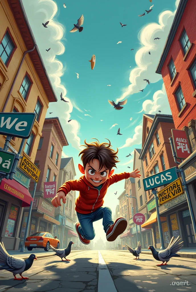 A naughty boy named Lucas, With a malicious expression, creating confusion in the city. He is using his super speed powers to cause chaos, with elements of disorder around it, such as falling objects and danger signs. The scene should convey a sense of mischief and destruction; the illustration must be and cannot be realistic.