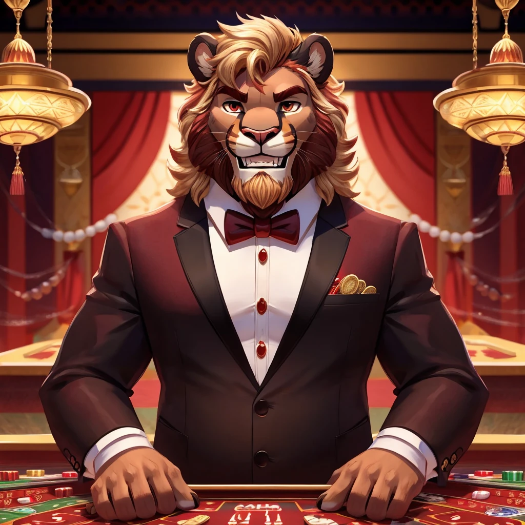 solo male semianthro mountain lion,red-blond shaggy mane with bleached blond tips,reddish blond beard,chubby soft body,daddy,dark brown tuxedo with maroon shirt and gold bowtie,medium stature,Moroccan casino background,toothy grin