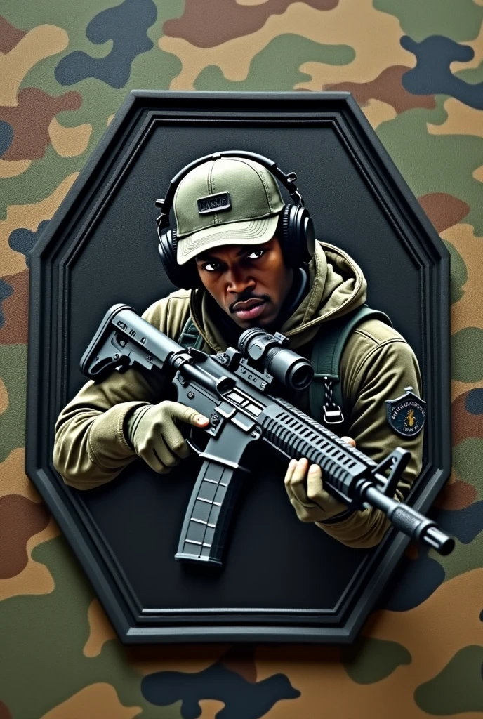 Hexagonal rubber patch, Camouflage background, arma rifle m4, with name Lukinha airsoft, operator with cap and headphones