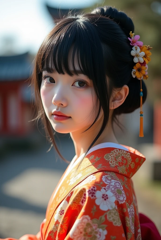 Japanese beauty、Small face、cute、With bangs、Black Hair、Wearing a kimono、Sitting upright、Looking straight ahead、The background is a temple、The temple in the background is blurred、Focus on the girl、Looking straight at me、The camera focuses on the girl in front.、