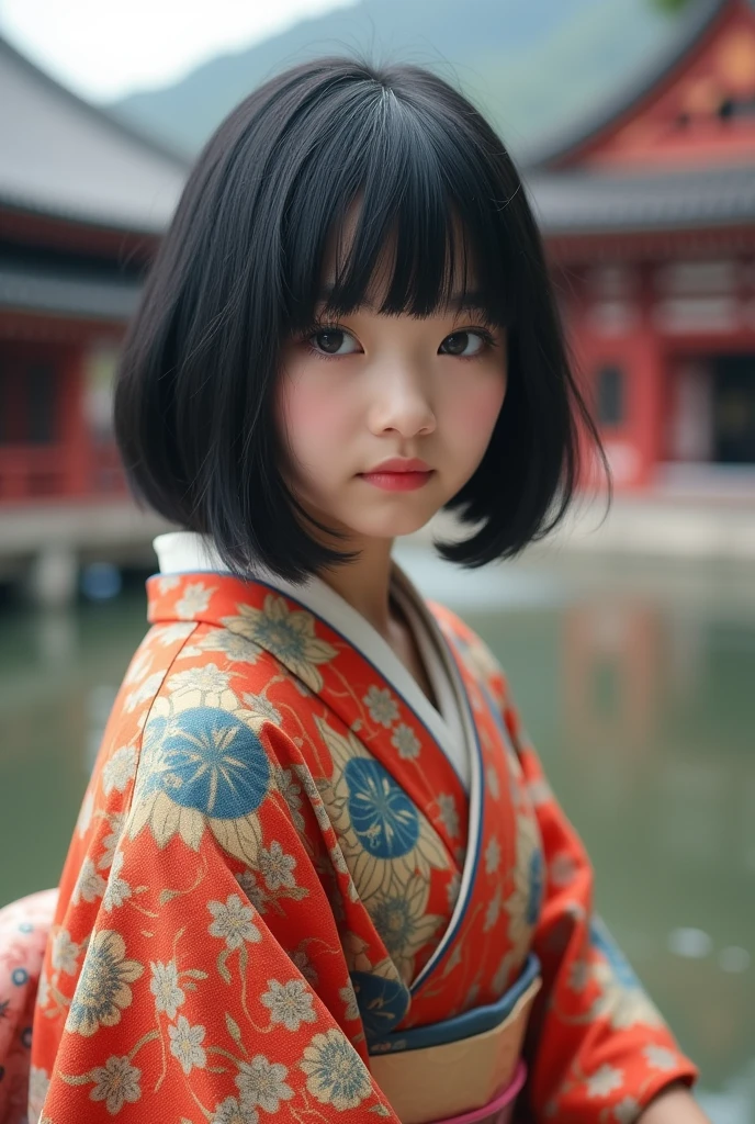 Japanese beauty、Small face、cute、With bangs、Black Hair、Wearing a kimono、Sitting upright、Looking straight ahead、The background is a temple、The temple in the background is blurred、Focus on the girl、Looking straight at me、The camera focuses on the girl in front.、