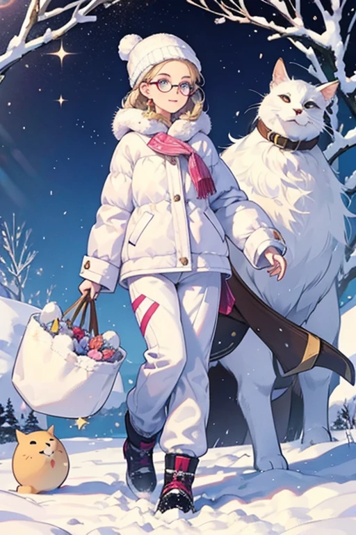 Felicity is in her standard size.
Felicity wears floral snow pants.
 She also wears a snow hat and winter boots. SPARKLE; GLITTER