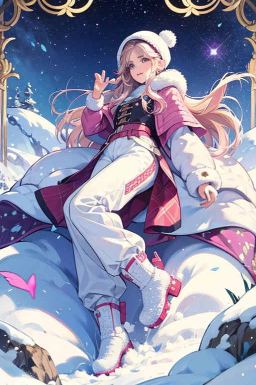 Felicity is in her standard size.
Felicity wears floral snow pants.
She also wears a snow hat and winter boots. SPARKLE; GLITTER