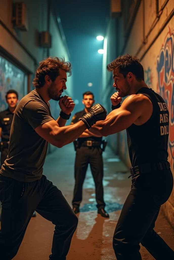 A very nervous man and his rival two fighting each other, A punch from both of them., two policemen looking at them stared